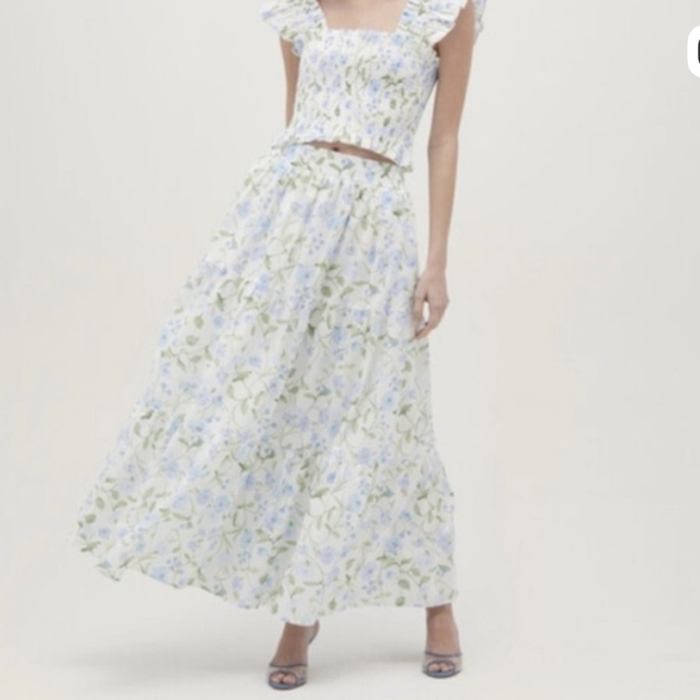 Hill House Floral Tiered Maxi Skirt and top in White, Light Blue & Green